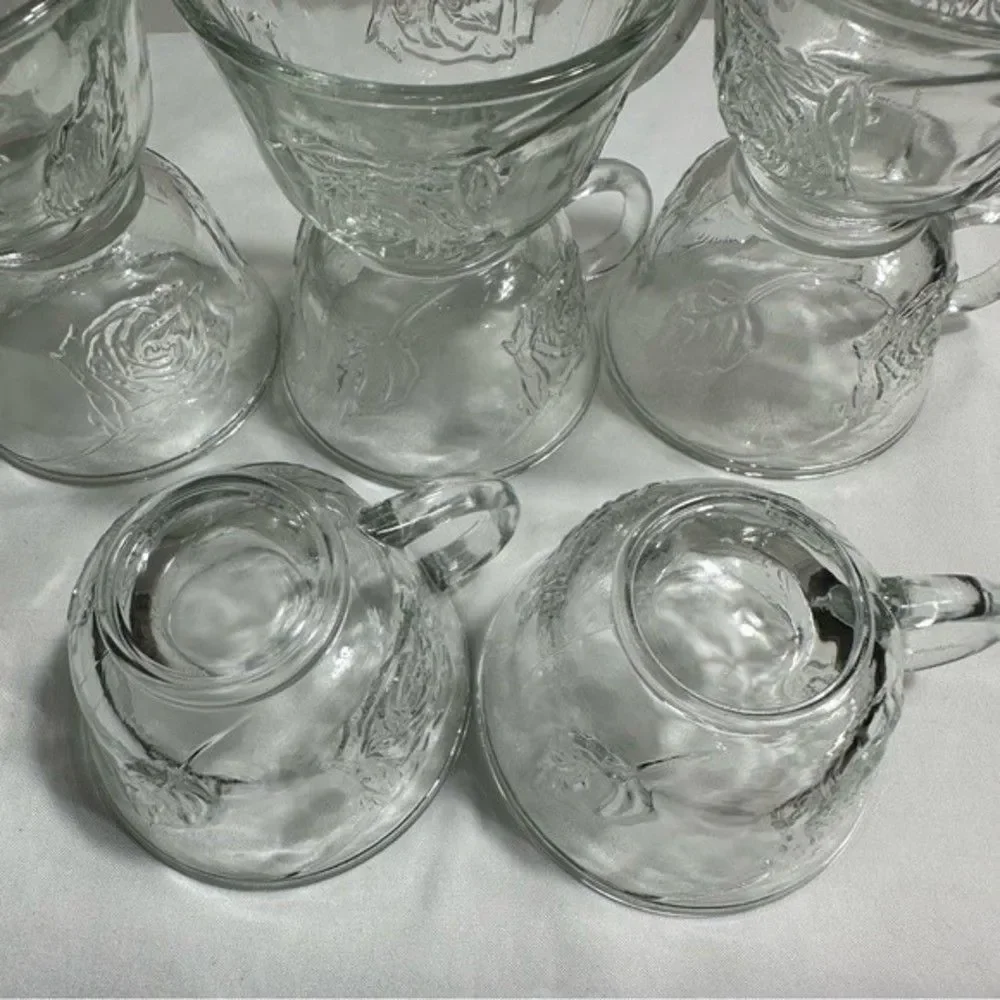 Punch Cups Vintage Clear Pressed Glass Rose Design Set of 8